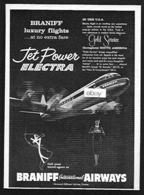 BRANIFF INTERNATIONAL1959  NEW LOCKHEED JET POWER ELECTRA'S GOLD SERVICE AD