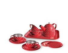 RED POLKA DOT ON PINK TIN TEA SET 15PCS Kaper Kidz