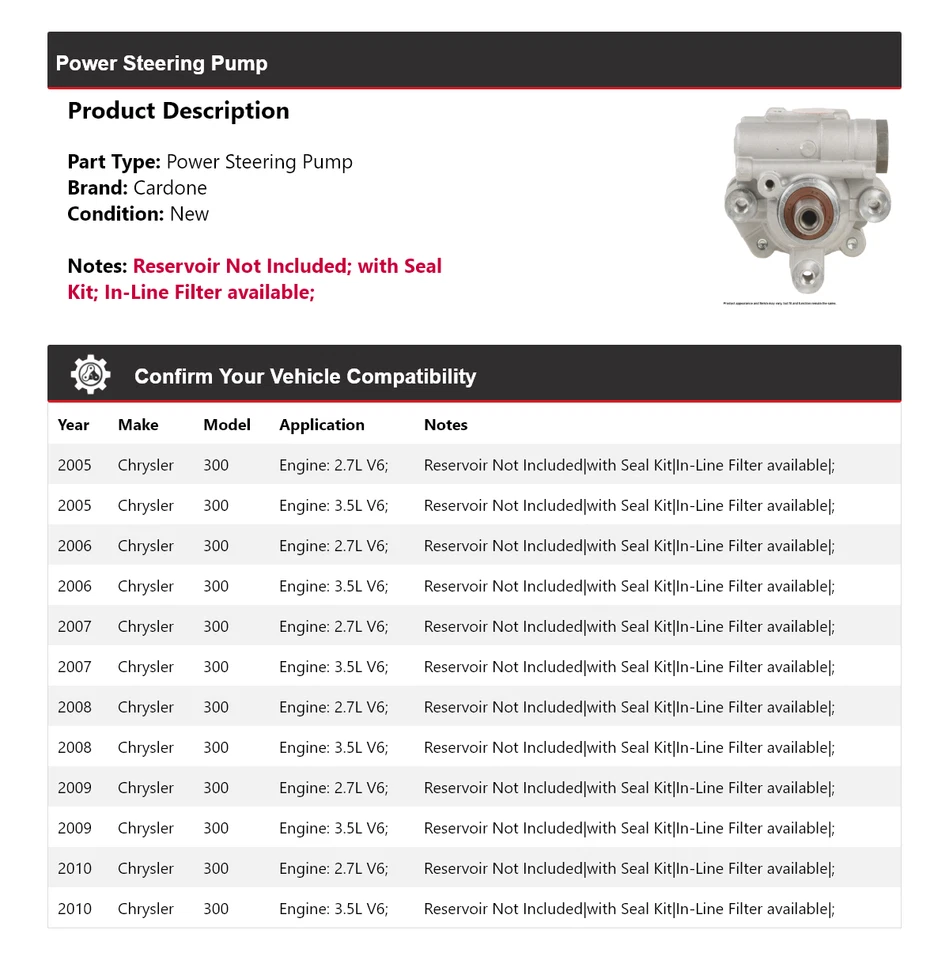 Bomba de dirección asistida Cardone para Chrysler 300 2005-2010 2006 2007 2008 2009 Foto 2 de 4