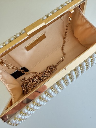 INC Ranndi embellished crystal imitation pearl clutch minaudiere evening bag - Picture 6 of 14