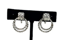 Vintage Silver Tone Large Dangle Screw Back Earrings Double Hoops Hammered Desgn
