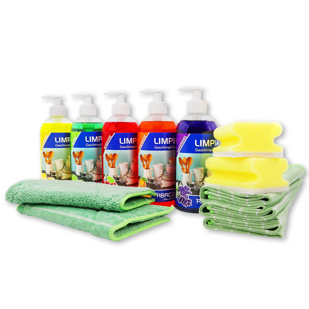 (19,12€/L) 5x 500 ml LIMPIA Spültmittel+ 2x Spültuch + 3x Glastücher