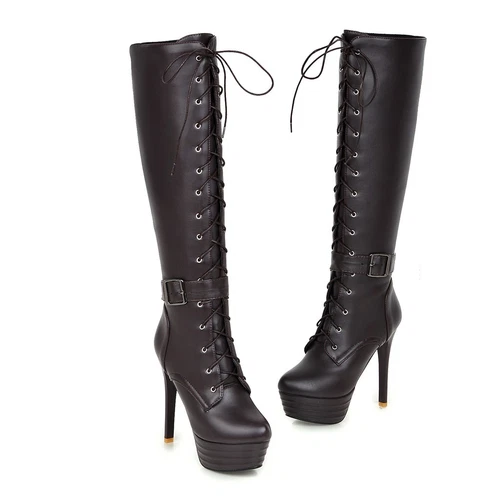 women Synthetic Leather High Heels Zipper Lace Up Shoes Knee Boots UK Size - Bild 12 von 43