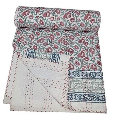 Indian Hand Block Floral Print Kantha Quilt Handmade Vintage Queen Size