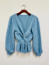 Women  s Azure Blue Knit Twist Front Top   Long Sleeve Peplum