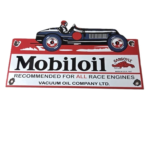 Vintage Mobil Sign - Old Race Car Service Gas Pump Service Porcelain Sign