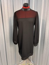 New Look Black Sequin Trim Shift Dress UK 14 Sheer Sleeve Party Evening