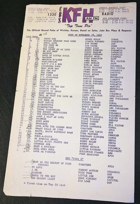 KFH 1330 Wichita  Top Tune Pix November 1957 Buddy Holly