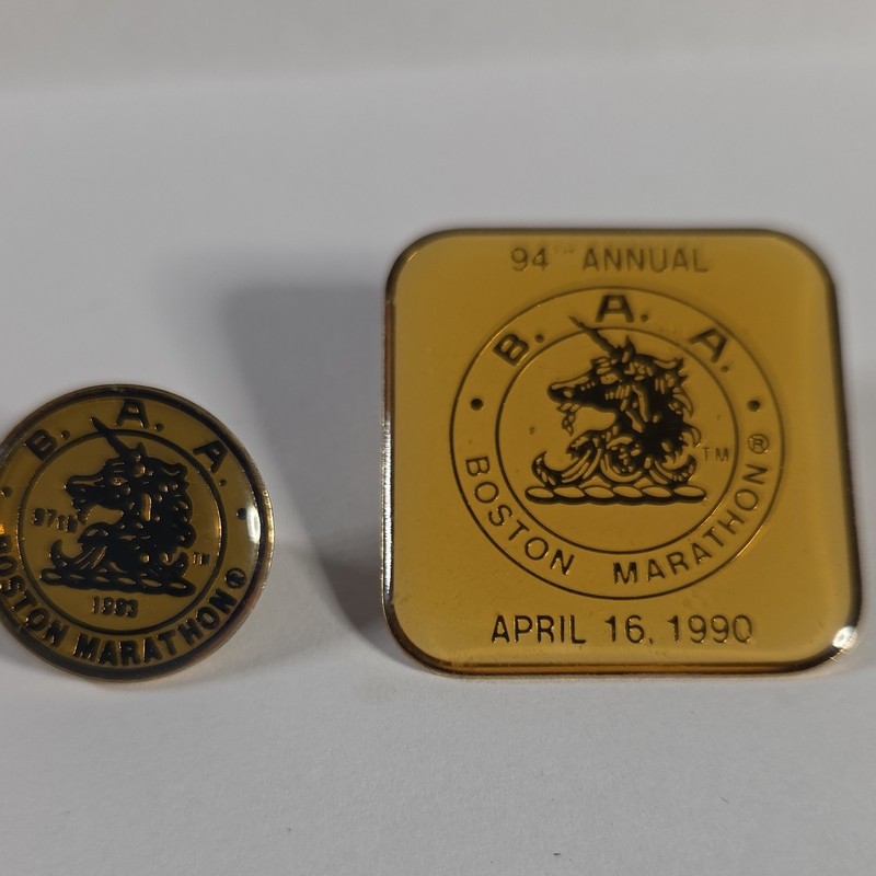 B.A.A. Boston Marathon Pin Lot of 2 Square & Round 94th Annual April 16 1990