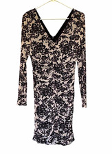GUESS Black Beige Floral Ruched Lace V-Neck Long Sleeve Bodycon Dress 8