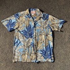 Mens RJC Hawaiian Shirt Large L Short Sleeve Shirt Blue Palm Leaves Made USA Vtg