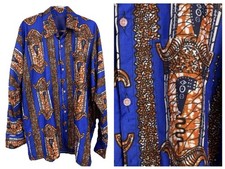 African Wax Print Shirt Mens Long Sleeve Ankara Blue Orange Geometric XXL 2XL