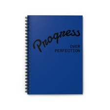 Progress Over Perfection  Blue Notebook  Spiral Ruled Journal  Inside pocket