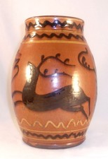 2004 Greg Shooner Redware Ovoid Jar Lead Glazed Slip Decoration Leaping Stags