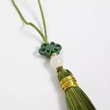 Korean Hanbok Norigae Keyring, Green Tassel Charm with Clover Knot Pendant