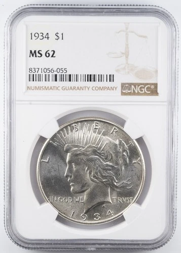 Certified 1934 Peace Dollar Silver NGC MS62 $1