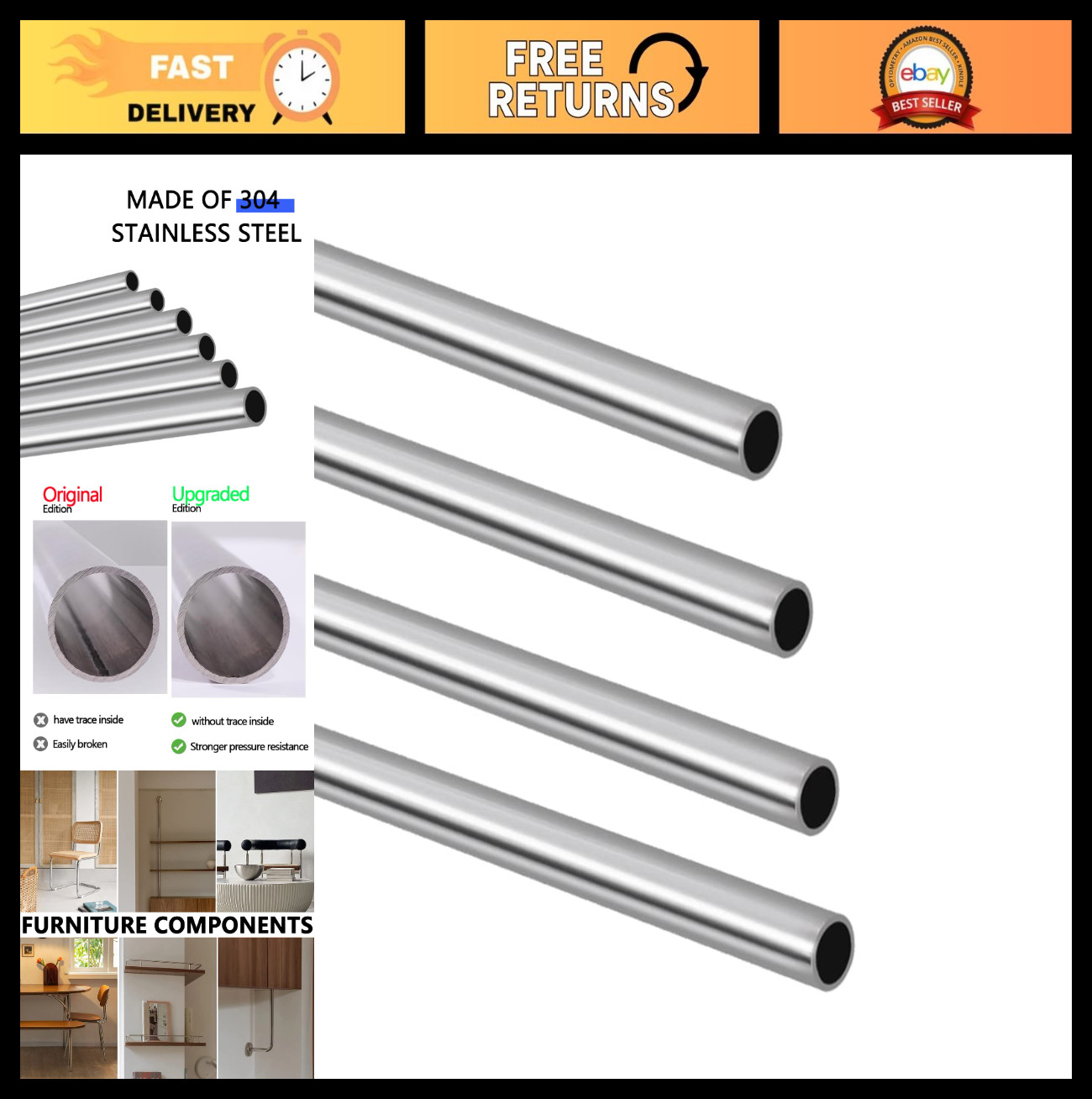 304 Stainless Steel Round Tube 1/2" OD, Thick Wall Weldable Pipe, 12" Length (4