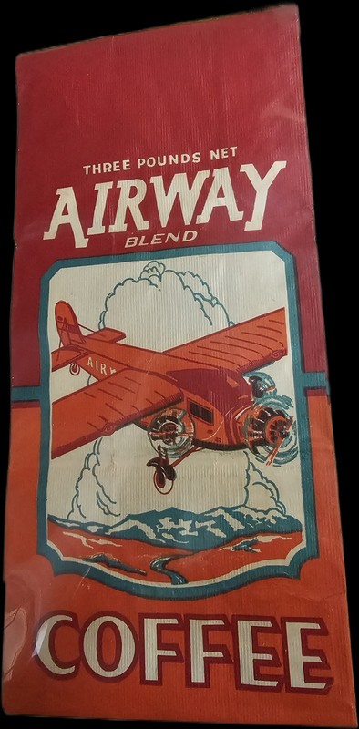 Airway Blend Coffee 3 lb. Bag. D. Edwards. 1930s Aircraft Soars Above Mountains 