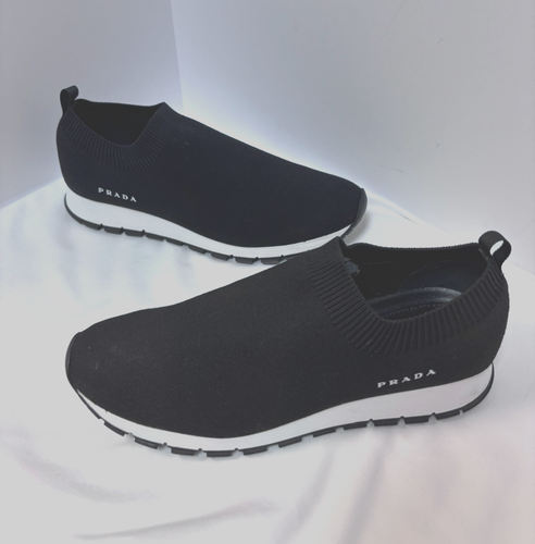 Prada  Black Knit Fabric Slip-on Sneakers White Sole Women 37 - Picture 1 of 6