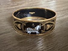 HERMES Black/Gold Grand Apparat Printed Enamel Gold Plated Wide Bangle Bracelet