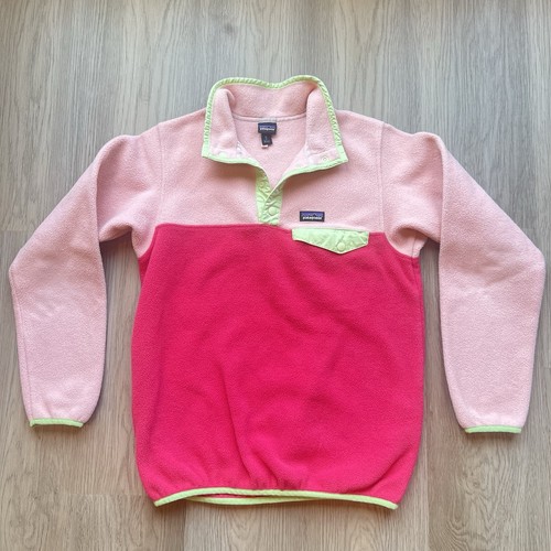 Patagonia Synchilla Snap Fleece Youth Size XL 14 Color Block Pink and Green - Picture 2 of 8