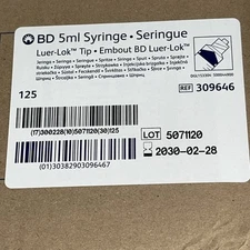 1 Case- 125 EA- BD Disposable 5ml Syringe NO Needle Luer-Lok Tip 309646