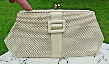 vintage handbag type purse beige w faux buckle gold colored metal clasp 1970s