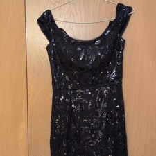 XSCAPE 12 A-Line Dress Scoop Neck Sleeveless Lace Sequin Floral Black Zip Long