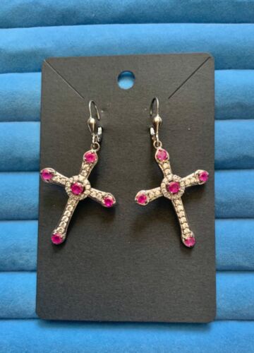 Niassa Ruby, White Zircon Cross Earrings 2” in length - Picture 2 of 3
