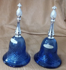 Set of 2 Vintage Blue Pressed Glass Hand Bell Empty Perfume Bottles 1976 AVON