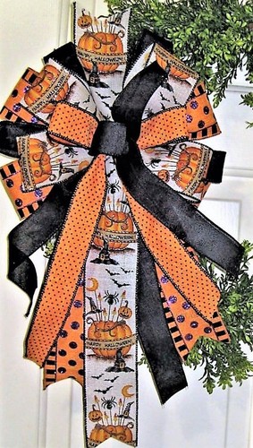 10 " FALL HALLOWEEN TRICK or TREAT BOW use on GRAPEVINE WREATH LANTERN B # 4 rb - Picture 5 of 5