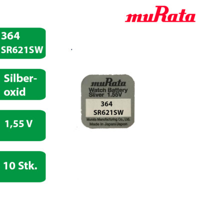 10 x Murata 364 Uhrenbatterien 1,55 V SR621SW SR621 AG1 LR621 RW320 (ex Sony)