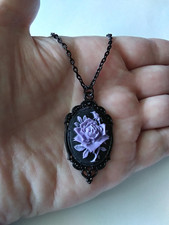 Lavender Purple Rose Cameo Pendant Necklace black chain 20" Victorian Gothic