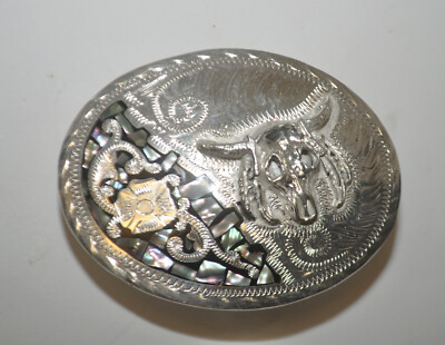 Hand Made Mexico Alpaca 925 Bull Skull MOP Inlay Western Silver