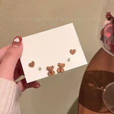 3 Pairs 925 Sterling Silver Stud Earrings Velvet Bear Cute