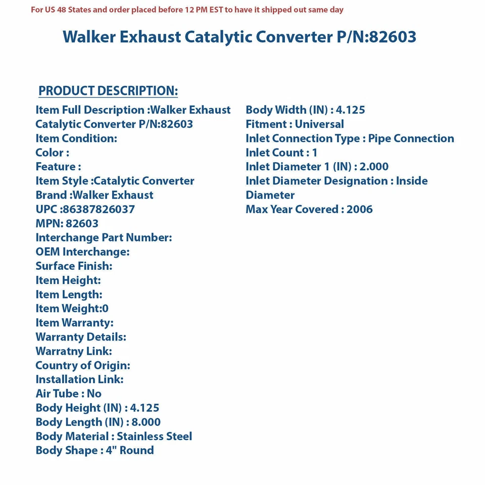 Convertidor Catalítico Escape Walker 82603 | Auto Pieza Alta Calidad, Ajuste Universal Foto 4 de 4