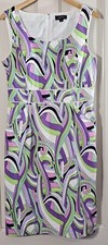 Tahari Sheath Dress Size 8 Geometric Purple Green Psychedelic Career Wedding