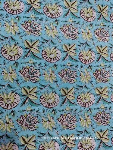 Tissu Indien Bleu Floral Imprimé Main - 100% Coton - 3 Yards - Couture