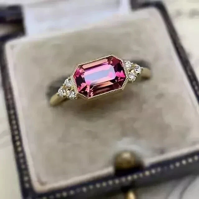 Art Deco Style Lab-Created Diamond Pink Tourmaline Ring 14K Yellow Gold FN - Image 4 of 4