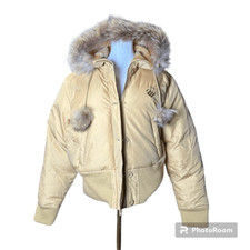 Rocawear Women’s Xl Down Puffer Jacket Tan Faux Fur Back Logo Y2k Style Coat