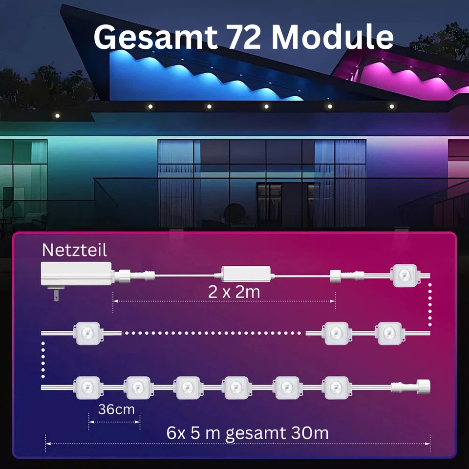 RGBIC SET LED Spot Modulo Striscia Illuminazione Esterno IP67 Striscia Catena Luminosa 30m - Immagine 2 di 4