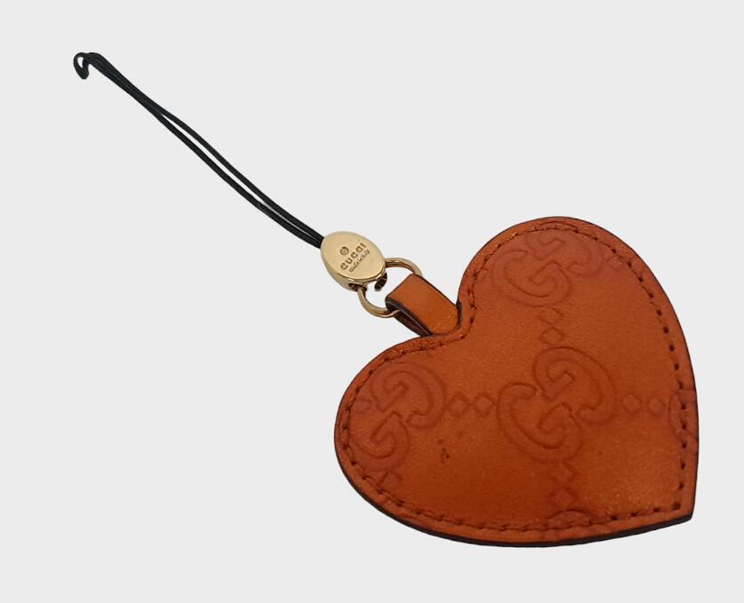 Gucci Mobile Strap Keychain Heart GG Leather Metallic Orange GG