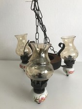 Vintage Deckenlampe aus Holz, Metall und mit hangbemalten Porzellan, 3 Armen