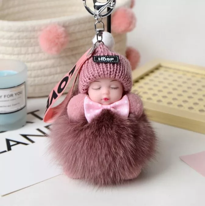 Pompom Sleeping Baby Fluffy Plush Doll Keychain Women Girl Bag Pendant