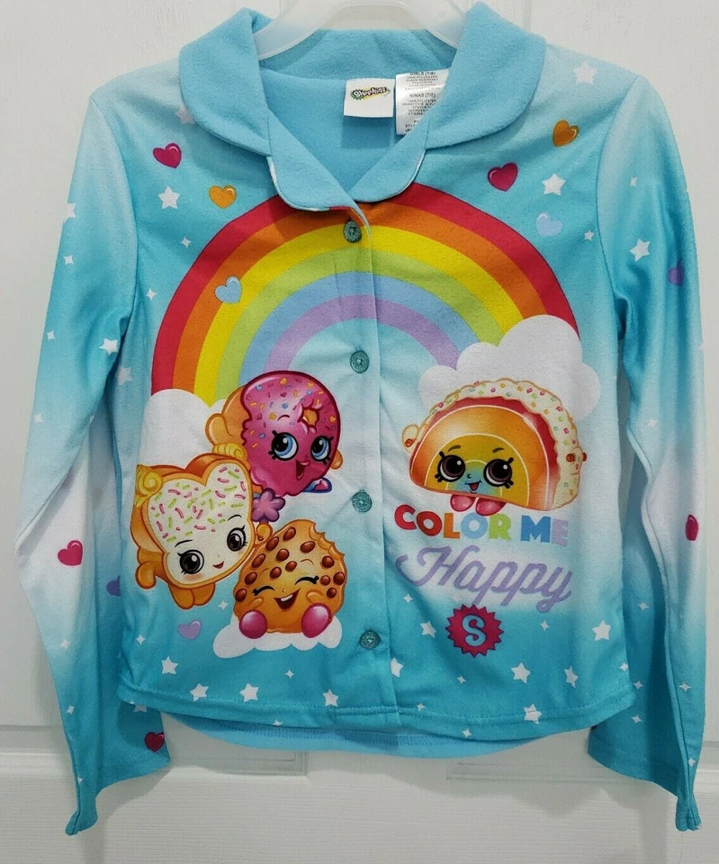 SHOPKINS Girls M 7-8 Turquoise Flannel COLOR ME HAPPY Button Up Rainbow Pajamas - Image 4 of 4