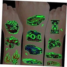 Luminous Race Car Tattoos for Kids - 24 Sheets Glow in The Dark RaceCar
