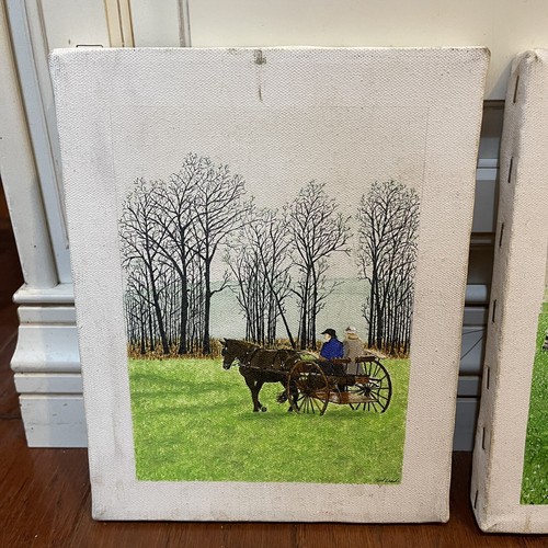 Pair Artist Signed Paul Shaub Acrylic On Canvas Horse Drawn Carriage Woods Field - Picture 7 of 13