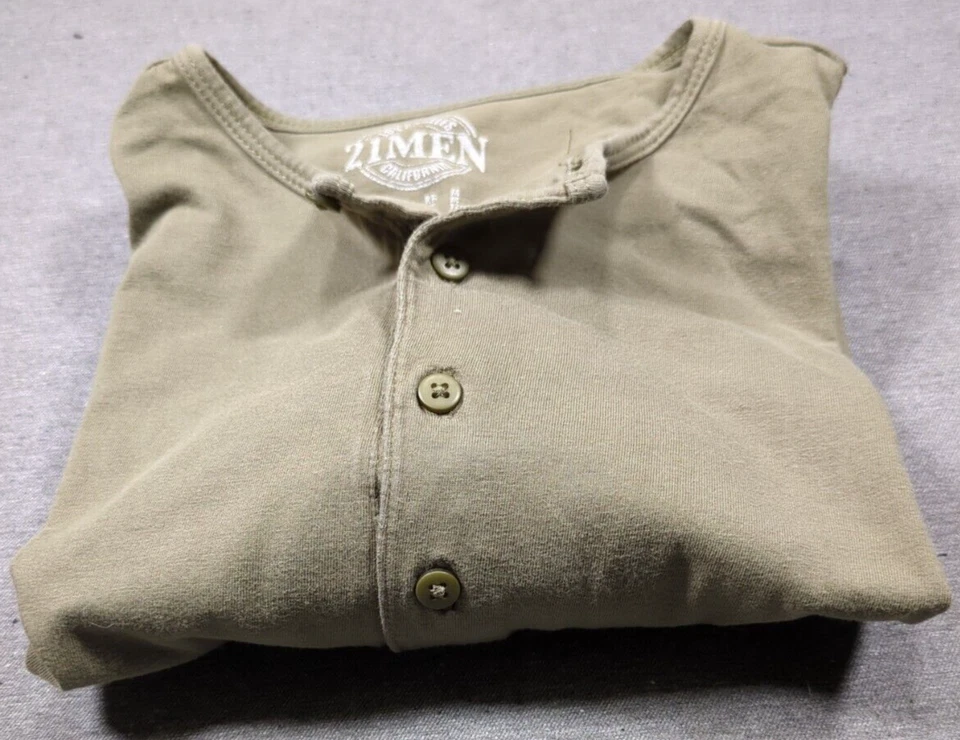 21 Hombres Los Ángeles Verde Oliva Henley Manga Larga Algodón Suave Hombres Talla M Camisa Foto 3 de 4