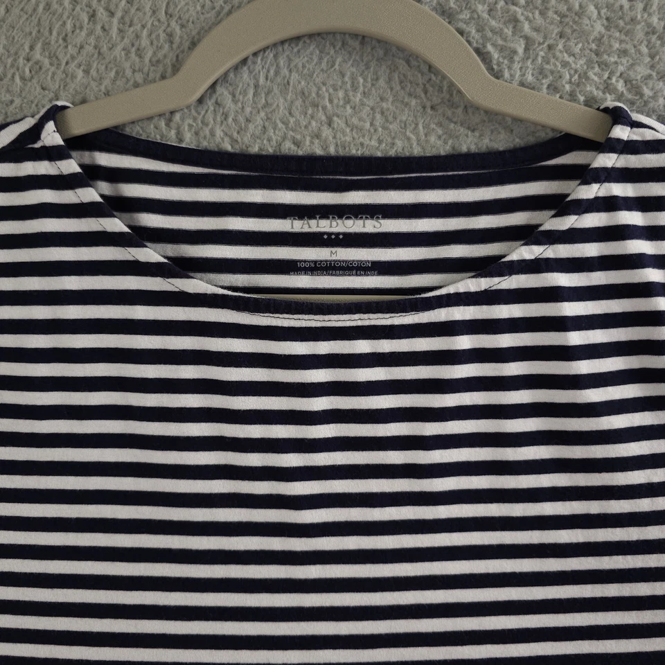 Camisa Talbots Mujer Mediana Azul Blanco Rayas Peplum Volantes Dobladillo Manga Corta Top Foto 3 de 4