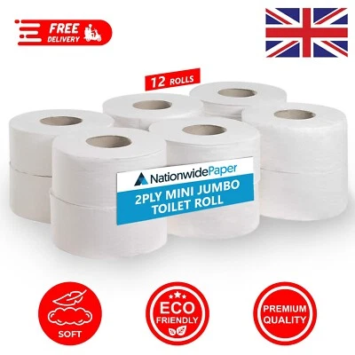NATIONWIDE PAPER 12 Mini Jumbo Toilet Rolls 2 ply 150m Bathroom Washroom Bulk Tissue Paper Sheets